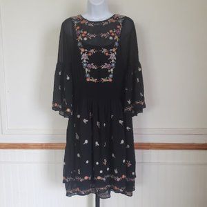 Maeve Womens Tunic Dress 12 Black Anfisa Embroidered Chiffon Floral Bell Slv NEW